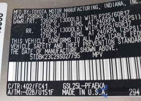 2009 Toyota Sienna Le from USA, damaged, VIN 5TDBK23C29S027795